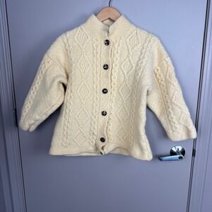 Aran Crafts‎ Ireland Wool Cardigan Cream Cable Knit Button Front Sweater Women's